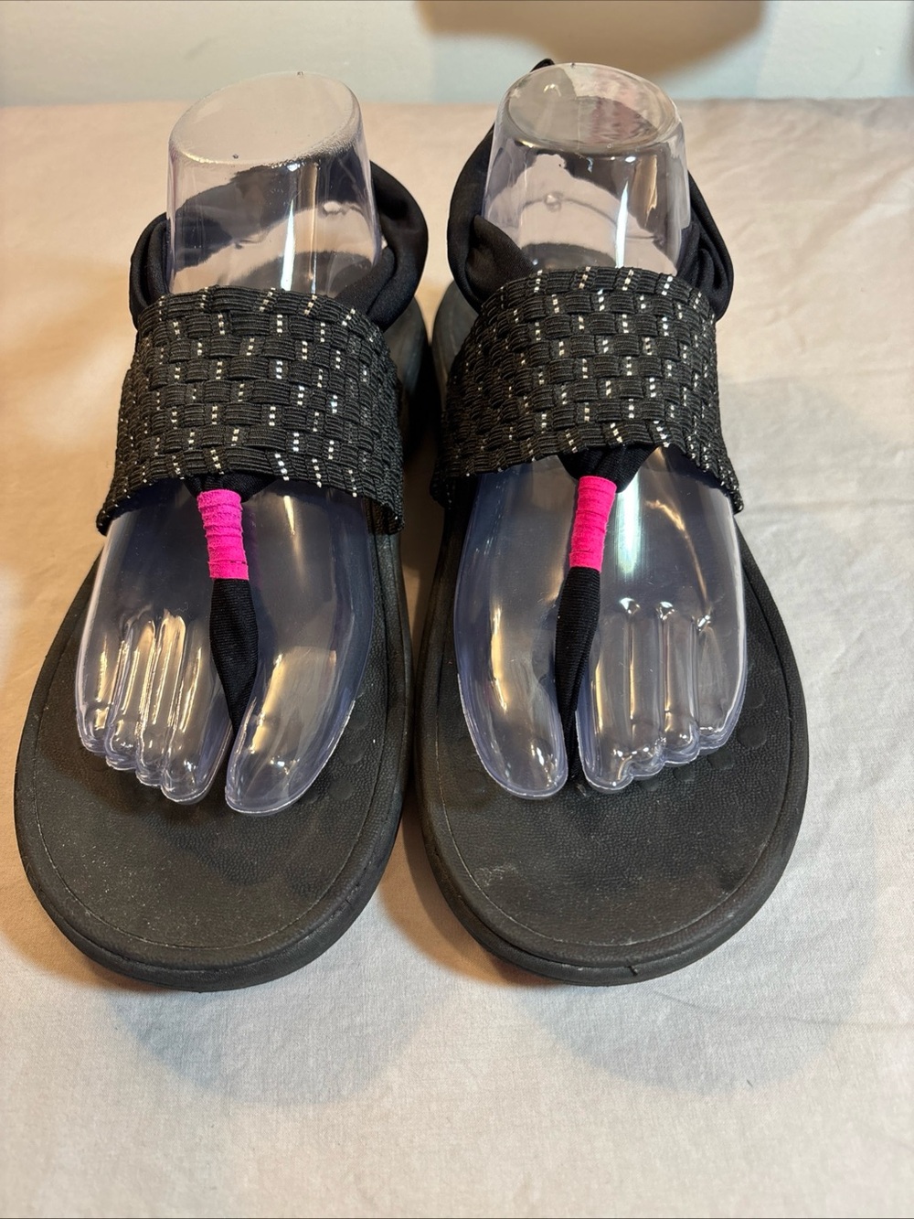 Vionic Black Woven Toe-Post Sandals with Pink Accent